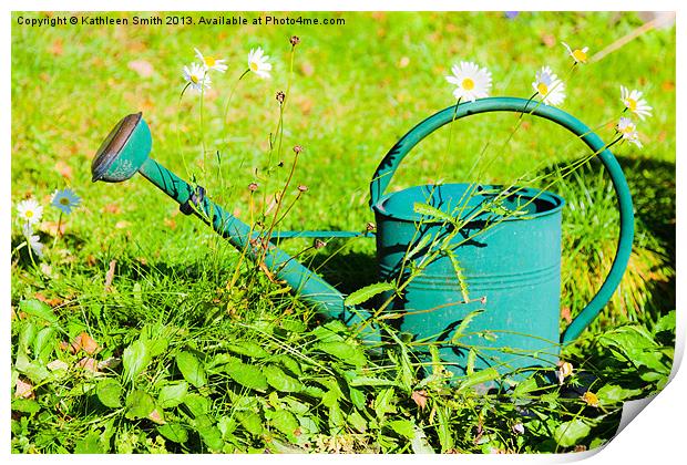 Green watering can and daisies Print by Kathleen Smith (kbhsphoto)