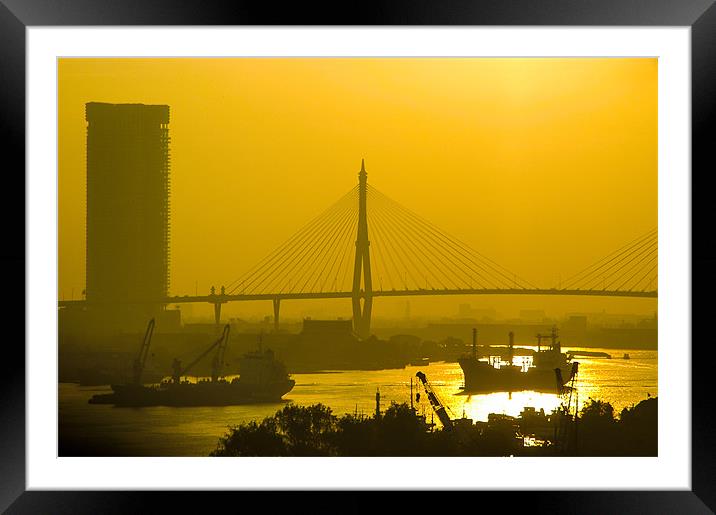 Bangkok Suspension Bridge at Sunset, Thailand Framed Mounted Print by Mark Llewellyn