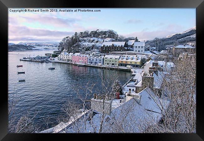 Portree harbour in the snow Framed Print by Richard Smith
