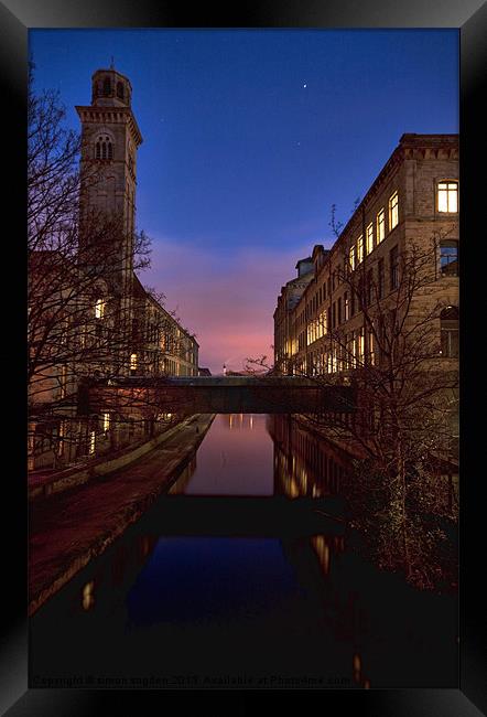 salts mill overlooking leeds liverpool canal Framed Print by simon sugden