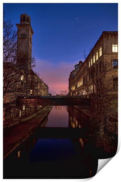 salts mill overlooking leeds liverpool canal Print by simon sugden