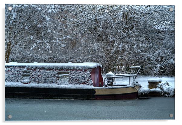 Frozen Canal Boat, Kintbury, Berkshire, England, U Acrylic by Mark Llewellyn