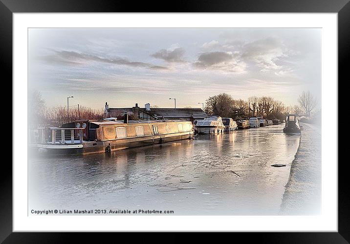 Sunset on The Frozen Lancaster Canal. Framed Mounted Print by Lilian Marshall
