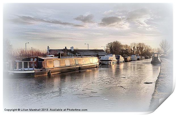 Sunset on The Frozen Lancaster Canal. Print by Lilian Marshall