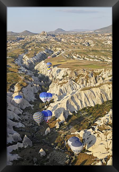 Hot air balloons drifting through a Gorge Framed Print by Arfabita  