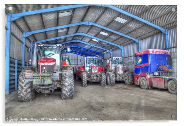 Tractors in Barn Acrylic by Allan Briggs