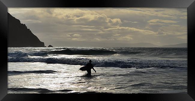 Surfer Coumeenole beach Framed Print by barbara walsh