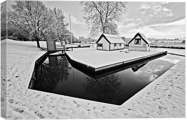 Coltishall Boat Houses in Winter B&W Canvas Print by Paul Macro