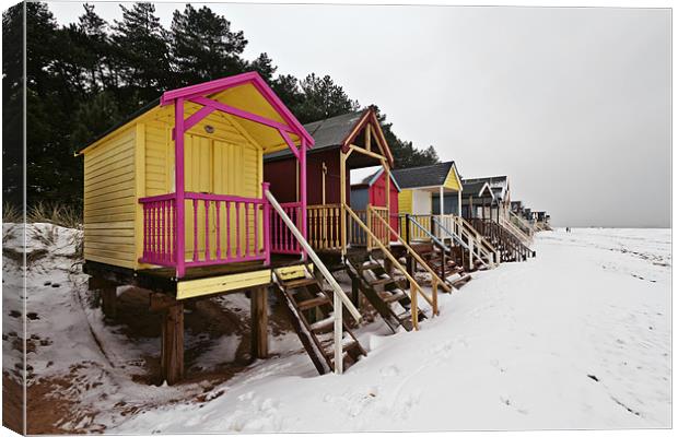 Snowy Wells Beach Huts Canvas Print by Paul Macro