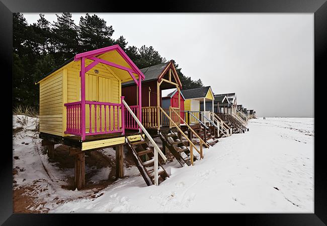 Snowy Wells Beach Huts Framed Print by Paul Macro