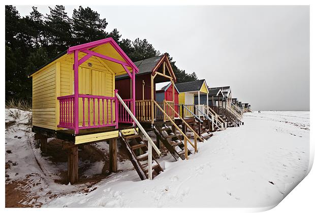 Snowy Wells Beach Huts Print by Paul Macro