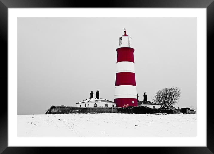 Snowy Happisburgh Lighthouse Framed Mounted Print by Paul Macro