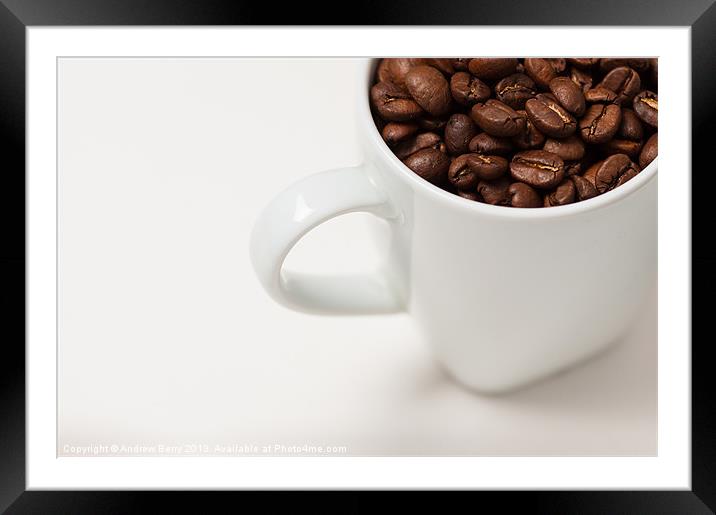 White Mug with Coffee Beans Framed Mounted Print by Andrew Berry