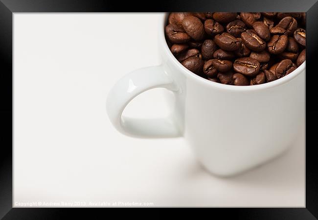 White Mug with Coffee Beans Framed Print by Andrew Berry