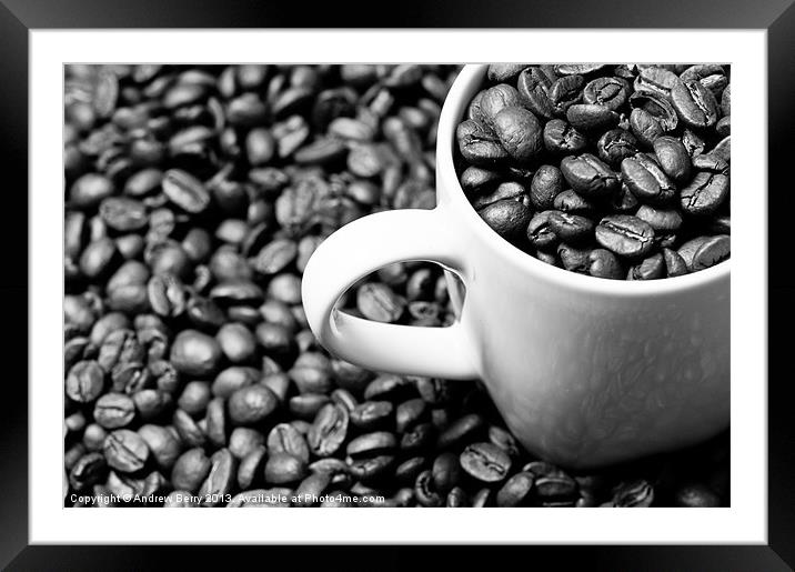Black and White Coffee Beans in a White Mug Framed Mounted Print by Andrew Berry
