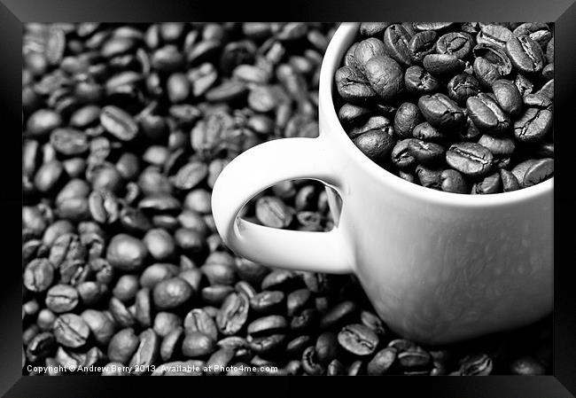Black and White Coffee Beans in a White Mug Framed Print by Andrew Berry