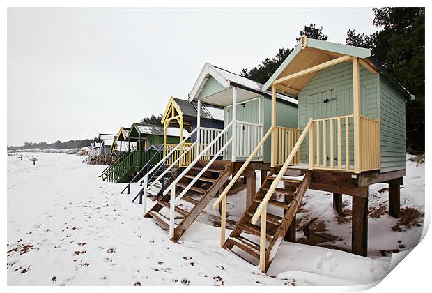 Snowy Wells Beach Huts 2 Print by Paul Macro