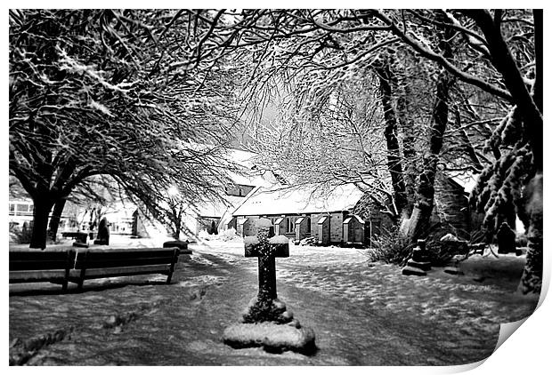 Snow covered Graveyard and church Print by Doug Lohoar