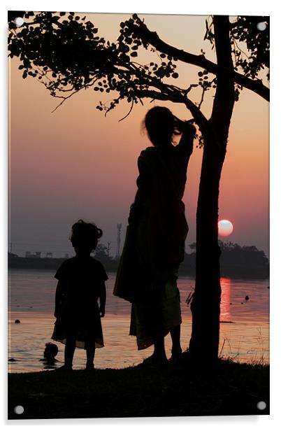 Mother &  Daughter Acrylic by T R   Bala subramanyam