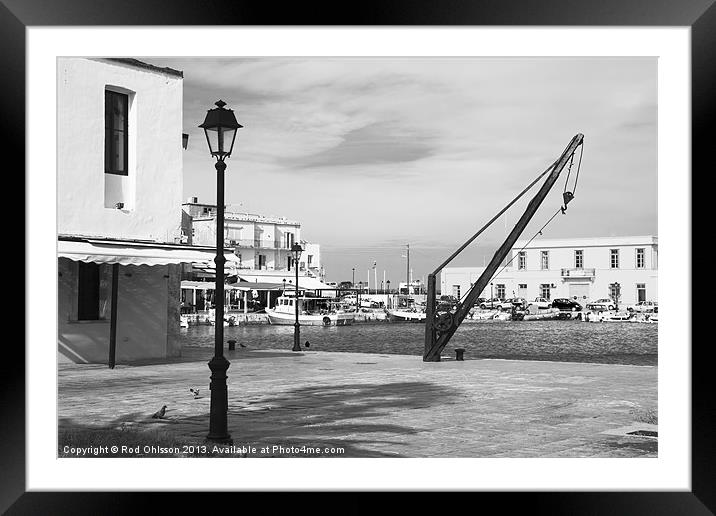 Rethymno harbour mono Framed Mounted Print by Rod Ohlsson