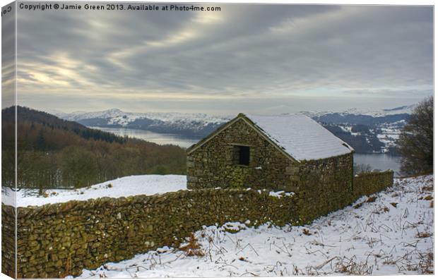 A Lakeland Barn In Winter Canvas Print by Jamie Green