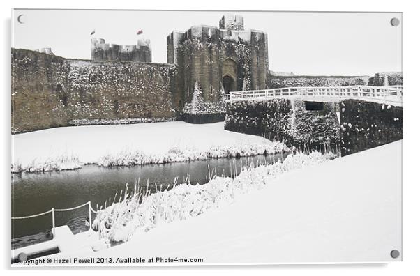 Caerphilly Castle on a snowy day Acrylic by Hazel Powell