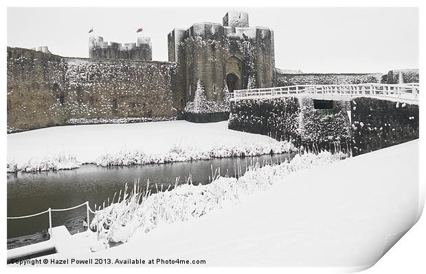 Caerphilly Castle on a snowy day Print by Hazel Powell