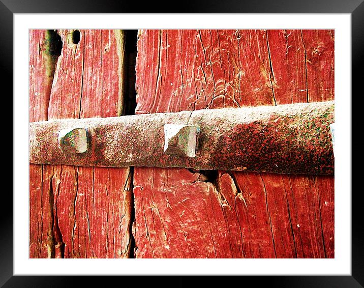 STEEL BOLT OVER RED WOOD  Framed Mounted Print by NILADRI DAS