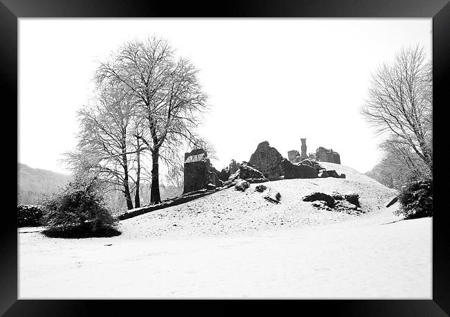 Okehampton Castle Snow Framed Print by Jon Short