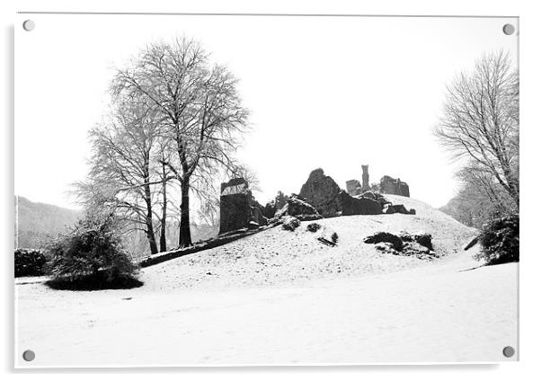 Okehampton Castle Snow Acrylic by Jon Short