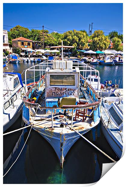 greek fishing boat for sale Print by meirion matthias