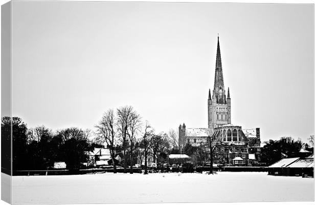 Norwich Cathedral in the Snow Canvas Print by Paul Macro