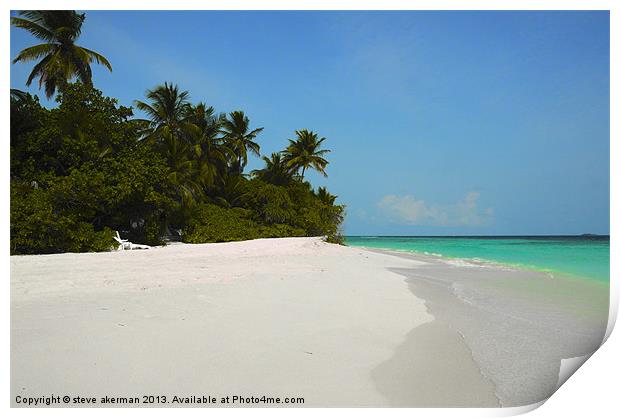 Maldives beach and palm trees Print by steve akerman
