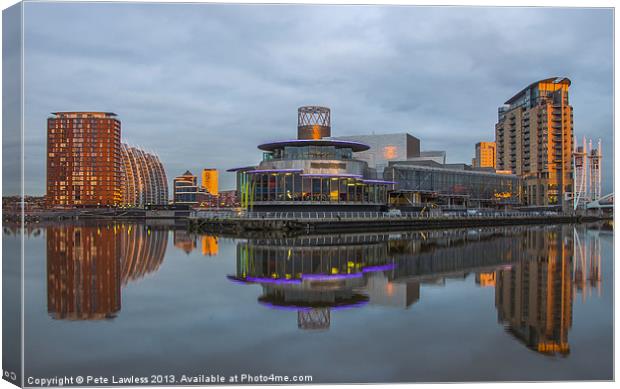 Sun setting Salford Quays Canvas Print by Pete Lawless
