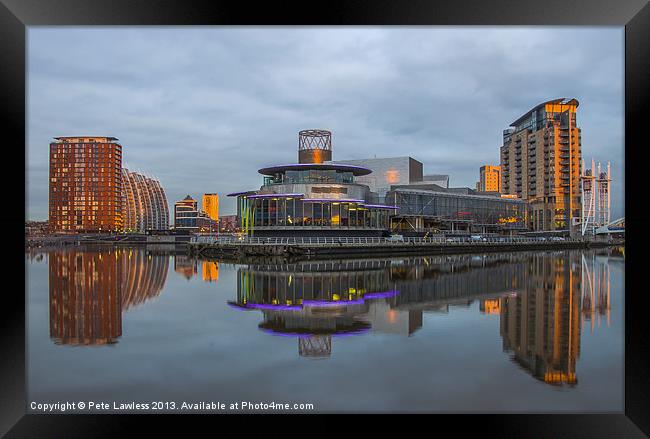 Sun setting Salford Quays Framed Print by Pete Lawless