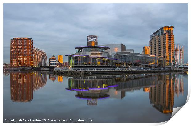 Sun setting Salford Quays Print by Pete Lawless