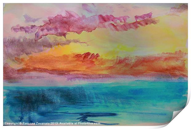 Lagoon Watercolour Sunset Print by Rosanna Zavanaiu
