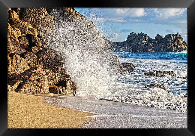 Porthcurno Beach in winter Framed Print by Brian Spooner