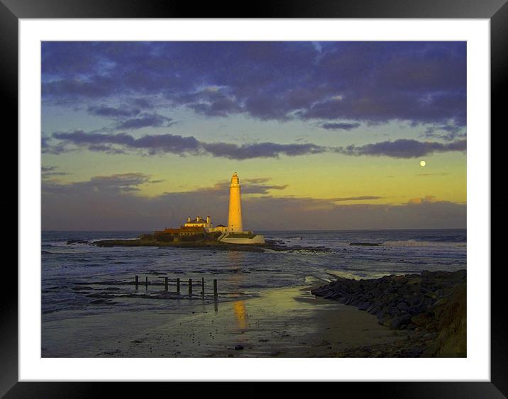 Coast St - Marys Lighthouse sunset moon rise 1  Framed Mounted Print by David Turnbull