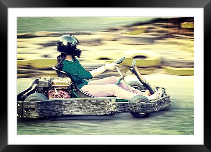 Lady driver zooming around Race track Framed Mounted Print by Arfabita  