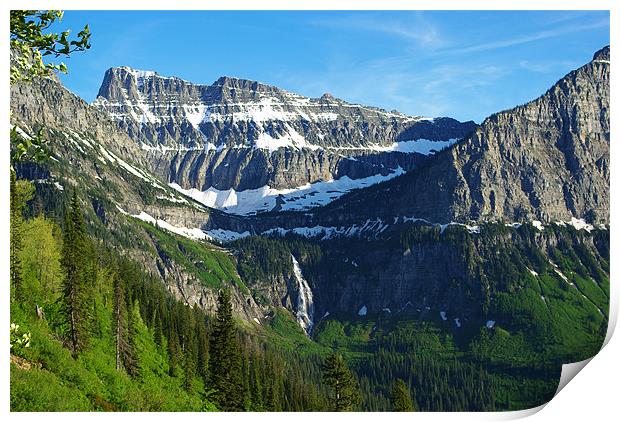 High mountains and waterfall near Logan Pass, Mont Print by Claudio Del Luongo