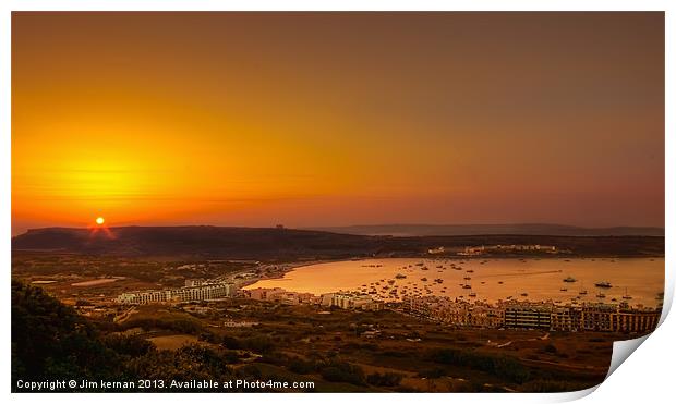 Sunset Over Mellieha Bay Print by Jim kernan