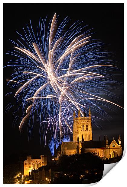 Worcester Cathedral fireworks display Print by chris dobbs