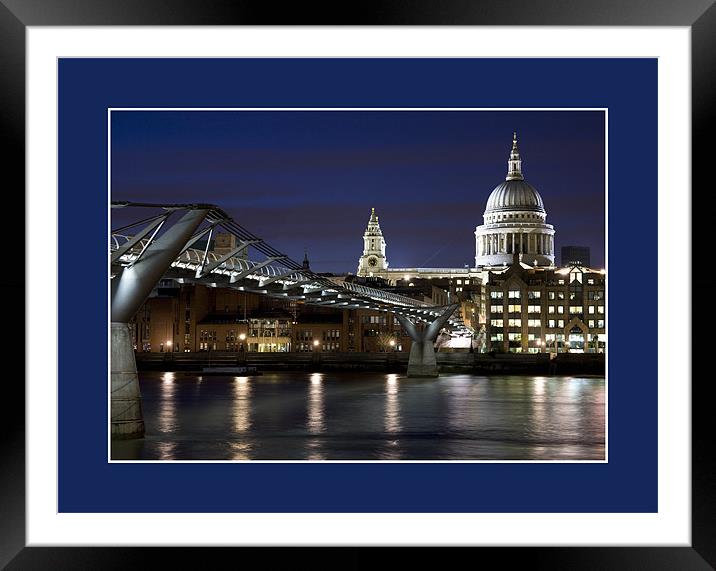 St Pauls and Millenium Bridge at Night  Framed Mounted Print by simon fish