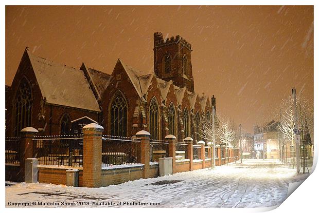 St Marys Acton in the snow. Print by Malcolm Snook