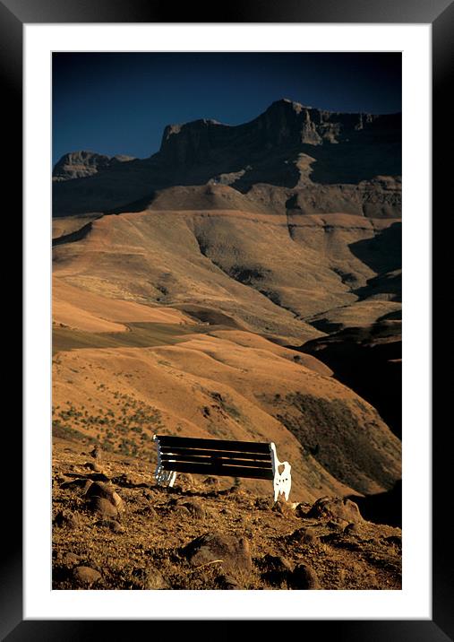 Bench overlooking Drakensberg Mountains, Africa Framed Mounted Print by Celia Mannings