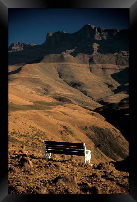 Bench overlooking Drakensberg Mountains, Africa Framed Print by Celia Mannings