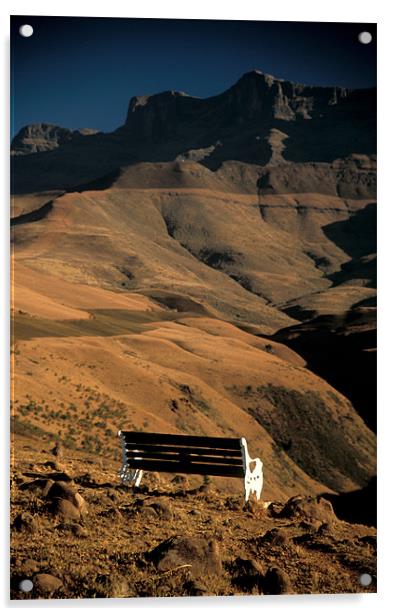 Bench overlooking Drakensberg Mountains, Africa Acrylic by Celia Mannings