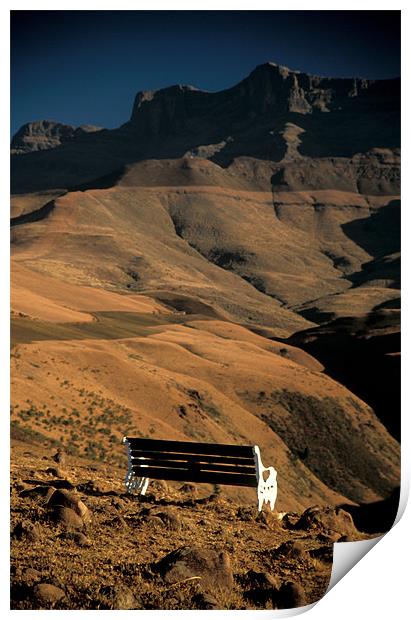 Bench overlooking Drakensberg Mountains, Africa Print by Celia Mannings