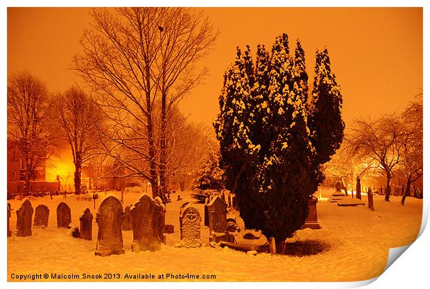 Graveyard in the snow Print by Malcolm Snook